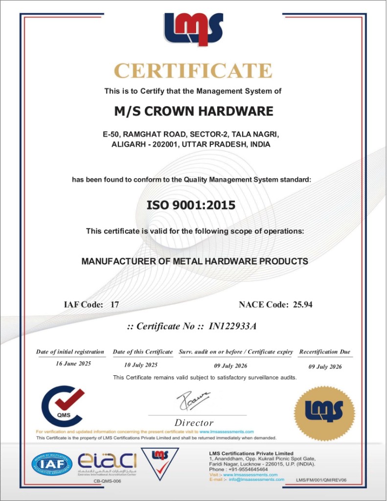ISO 9001:2015 certificate — M/S Crown Hardware